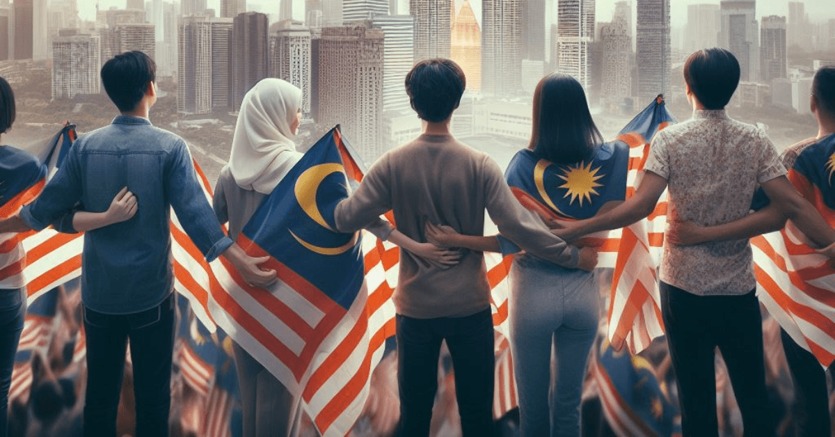 missing image A few malaysian people, giving their back to the viewer. They are hugging each other looking towards the city of Kuala Lumpur. Some of them keep a malaysian flag in their hand. In the background it is possible to spot some skyscrapers of Kuala Lumpur.
