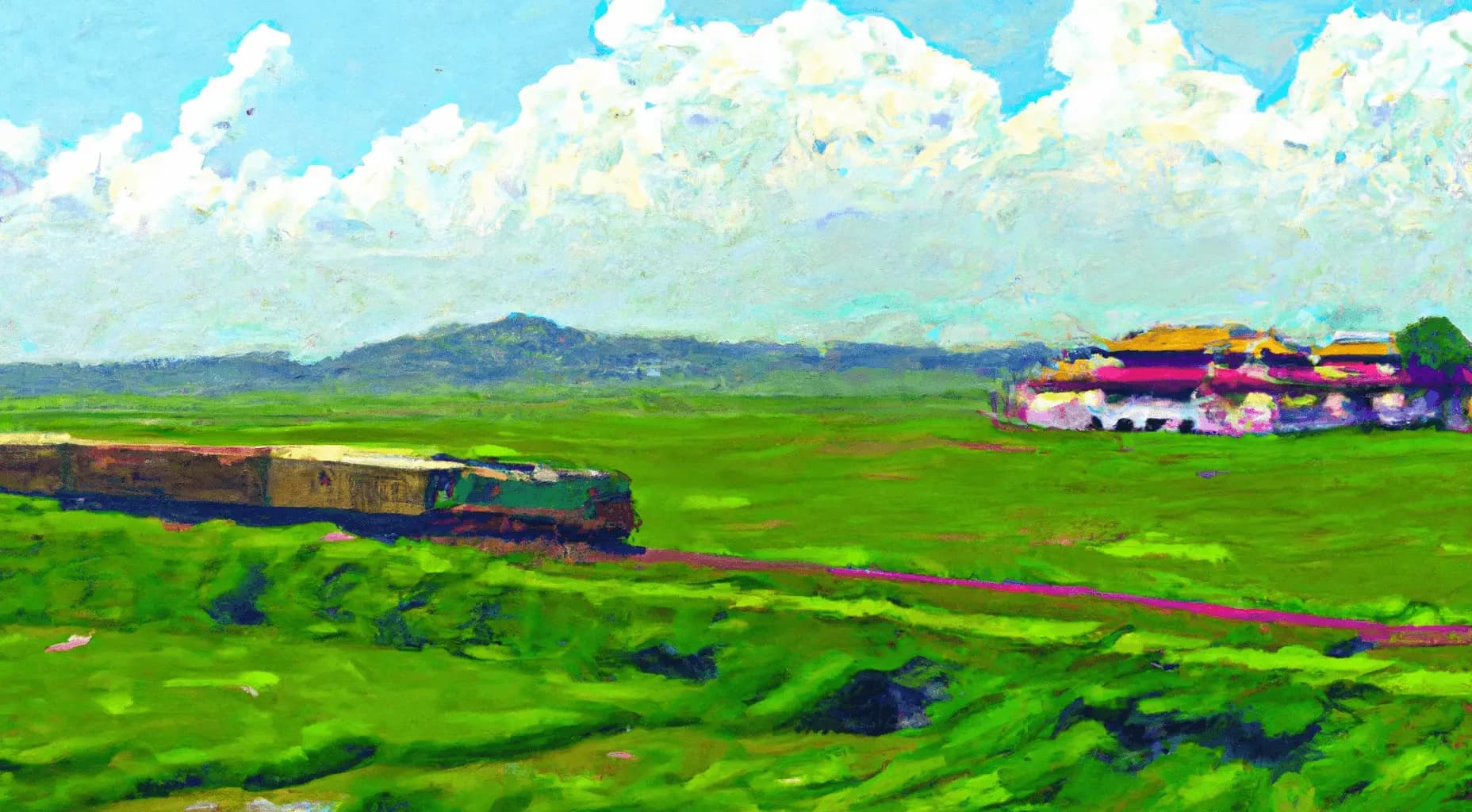 missing image A train in the lush green lands of Vietnam. On the right there is a the Imperial Citadel of Hue. The image is drawn in a Van Gogh Style Image generated with DALL E AI.