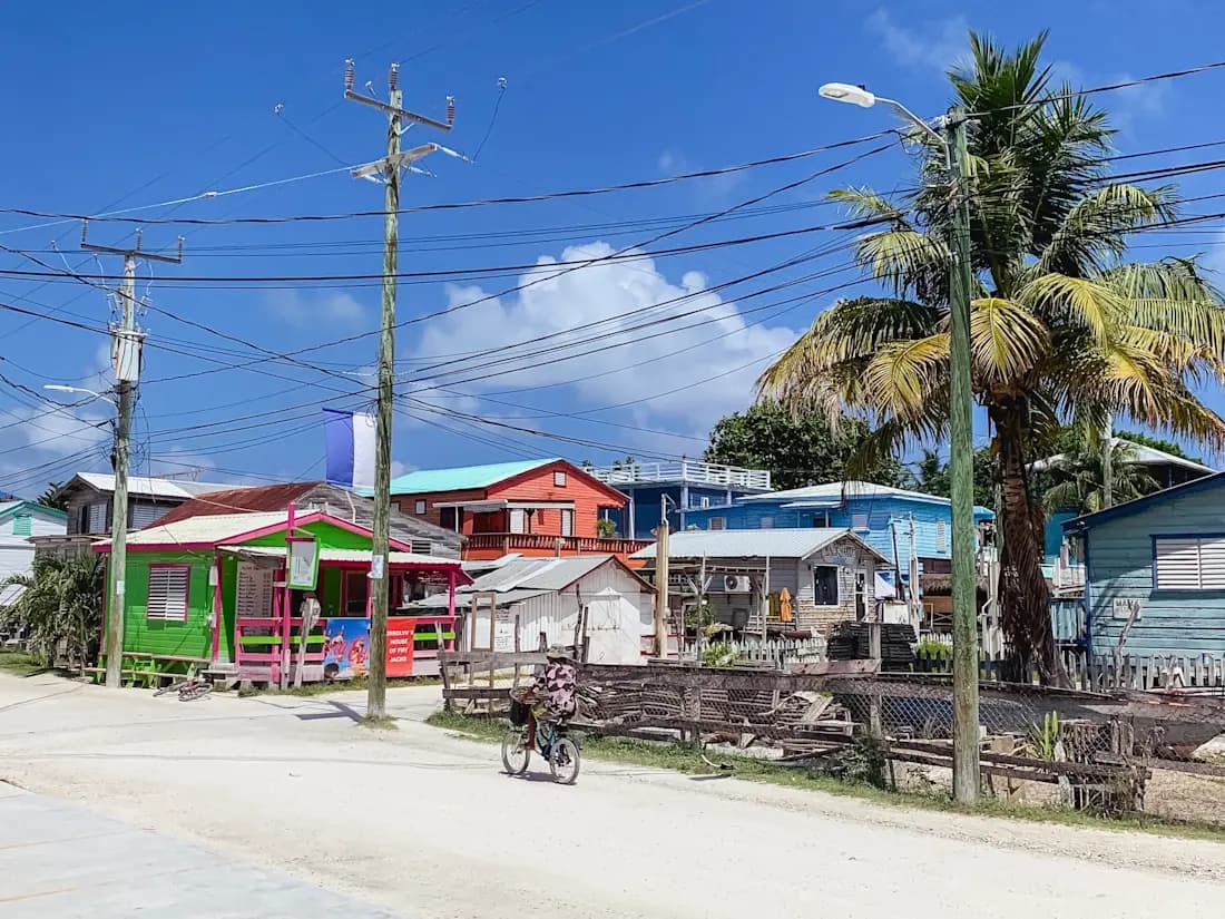 Centre of Caye Caulker with sandy roads and wooden houses Colourful wooden houses with telephone wires and a palm tree