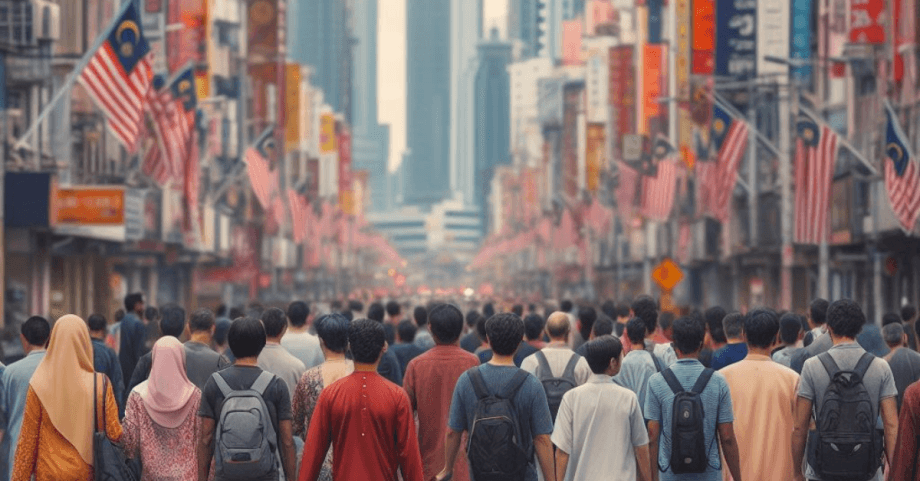 People walking in mlaysian street / Credits: DALL E Realistic photo of people from different ethnic groups in Malaysia walking on a street in Kuala Lumpur.
