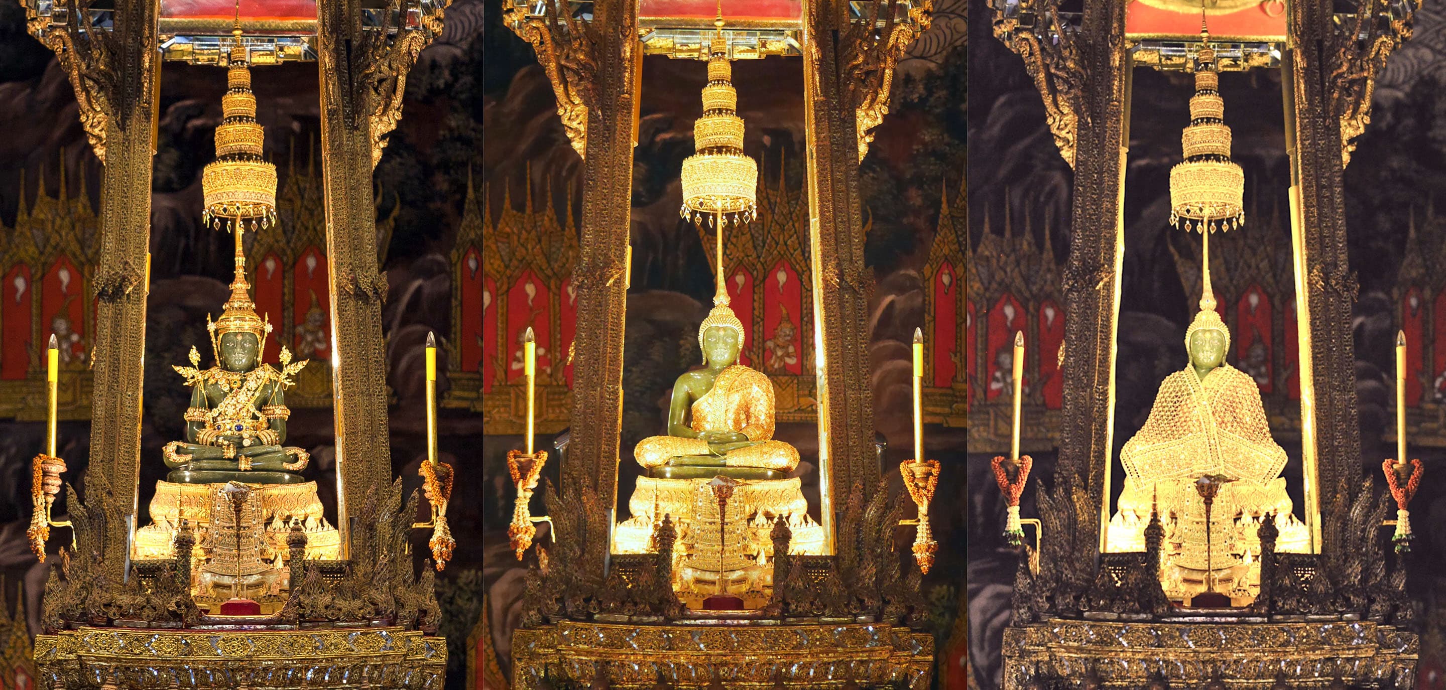 missing image <span>
The Emerald Buddha in its three dresses.
By <a href="https://commons.wikimedia.org/wiki/User:Sodacan" title="User:Sodacan">Sodacan</a> - <a href="https://commons.wikimedia.org/wiki/File:Summer_-_Emerald_Buddha.jpg" class="image" title="By Supanut Arunoprayote: Original file: File:Summer - Emerald Buddha.jpg"></a>By <a href="https://commons.wikimedia.org/wiki/User:Supanut_Arunoprayote" title="User:Supanut Arunoprayote">Supanut Arunoprayote</a>: Original file: <a href="https://commons.wikimedia.org/wiki/File:Summer_-_Emerald_Buddha.jpg" title="File:Summer - Emerald Buddha.jpg">File:Summer - Emerald Buddha.jpg</a><a href="https://commons.wikimedia.org/wiki/File:Emerald_Buddha.jpg" class="image" title="By Gremelm: Original file: File:Emerald Buddha.jpg"></a> By <a href="https://commons.wikimedia.org/w/index.php?title=User:Gremelm&amp;action=edit&amp;redlink=1" class="new" title="User:Gremelm (page does not exist)">Gremelm</a>: Original file: <a href="https://commons.wikimedia.org/wiki/File:Emerald_Buddha.jpg" title="File:Emerald Buddha.jpg">File:Emerald Buddha.jpg</a><a href="https://commons.wikimedia.org/wiki/File:%E0%B8%A7%E0%B8%B1%E0%B8%94%E0%B8%9E%E0%B8%A3%E0%B8%B0%E0%B8%A8%E0%B8%A3%E0%B8%B5%E0%B8%A3%E0%B8%B1%E0%B8%95%E0%B8%99%E0%B8%A8%E0%B8%B2%E0%B8%AA%E0%B8%94%E0%B8%B2%E0%B8%A3%E0%B8%B2%E0%B8%A1%E0%B9%81%E0%B8%A5%E0%B8%B0%E0%B8%9E%E0%B8%A3%E0%B8%B0%E0%B8%9A%E0%B8%A3%E0%B8%A1%E0%B8%A1%E0%B8%AB%E0%B8%B2%E0%B8%A3%E0%B8%B2%E0%B8%8A%E0%B8%A7%E0%B8%B1%E0%B8%87_%E0%B9%80%E0%B8%82%E0%B8%95%E0%B8%9E%E0%B8%A3%E0%B8%B0%E0%B8%99%E0%B8%84%E0%B8%A3_%E0%B8%81%E0%B8%A3%E0%B8%B8%E0%B8%87%E0%B9%80%E0%B8%97%E0%B8%9E%E0%B8%A1%E0%B8%AB%E0%B8%B2%E0%B8%99%E0%B8%84%E0%B8%A3_(31).jpg" class="image" title="By กสิณธร ราชโอรส: Original file: File:วัดพระศรีรัตนศาสดารามและพระบรมมหาราชวัง เขตพระนคร กรุงเทพมหานคร (31).jpg"></a>By <a href="https://commons.wikimedia.org/w/index.php?title=User:%E0%B8%81%E0%B8%AA%E0%B8%B4%E0%B8%93%E0%B8%98%E0%B8%A3_%E0%B8%A3%E0%B8%B2%E0%B8%8A%E0%B9%82%E0%B8%AD%E0%B8%A3%E0%B8%AA&amp;action=edit&amp;redlink=1" class="new" title="User:กสิณธร ราชโอรส (page does not exist)">กสิณธร ราชโอรส</a>: Original file: <a href="https://commons.wikimedia.org/wiki/File:%E0%B8%A7%E0%B8%B1%E0%B8%94%E0%B8%9E%E0%B8%A3%E0%B8%B0%E0%B8%A8%E0%B8%A3%E0%B8%B5%E0%B8%A3%E0%B8%B1%E0%B8%95%E0%B8%99%E0%B8%A8%E0%B8%B2%E0%B8%AA%E0%B8%94%E0%B8%B2%E0%B8%A3%E0%B8%B2%E0%B8%A1%E0%B9%81%E0%B8%A5%E0%B8%B0%E0%B8%9E%E0%B8%A3%E0%B8%B0%E0%B8%9A%E0%B8%A3%E0%B8%A1%E0%B8%A1%E0%B8%AB%E0%B8%B2%E0%B8%A3%E0%B8%B2%E0%B8%8A%E0%B8%A7%E0%B8%B1%E0%B8%87_%E0%B9%80%E0%B8%82%E0%B8%95%E0%B8%9E%E0%B8%A3%E0%B8%B0%E0%B8%99%E0%B8%84%E0%B8%A3_%E0%B8%81%E0%B8%A3%E0%B8%B8%E0%B8%87%E0%B9%80%E0%B8%97%E0%B8%9E%E0%B8%A1%E0%B8%AB%E0%B8%B2%E0%B8%99%E0%B8%84%E0%B8%A3_(31).jpg" title="File:วัดพระศรีรัตนศาสดารามและพระบรมมหาราชวัง เขตพระนคร กรุงเทพมหานคร (31).jpg">File:วัดพระศรีรัตนศาสดารามและพระบรมมหาราชวัง เขตพระนคร กรุงเทพมหานคร (31).jpg</a>, <a href="https://creativecommons.org/licenses/by-sa/4.0" title="Creative Commons Attribution-Share Alike 4.0">CC BY-SA 4.0</a>, <a href="https://commons.wikimedia.org/w/index.php?curid=87194491">Wikipedia</a></span>