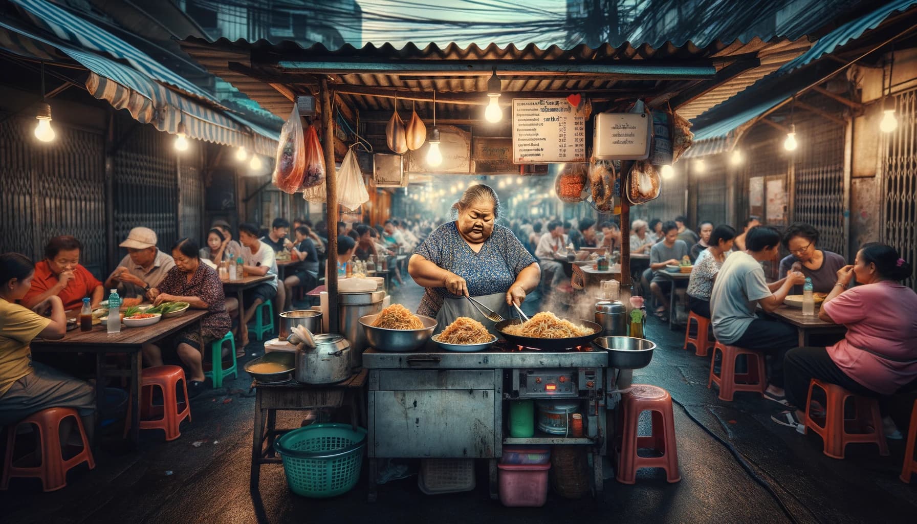 missing image A thai female cook is cooking pad thai in a food street stall. Around there are some people eating food and enjoying themselves. The scene happens in the street of Bangkok. Image generated through DALLE.
