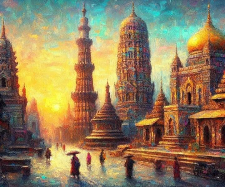 Impressionist painting of a mosque, and hindu temple and a buddhist stupa located close to each other. / Credits: DALL E Impressionist painting of a mosque, and hindu temple and a buddhist stupa located close to each other. The image has many colors, but blue, yello and red and the most prevalent ones. In the bottom there are also some people walking, they all belong to different religions. The image has been generated through DALL E.